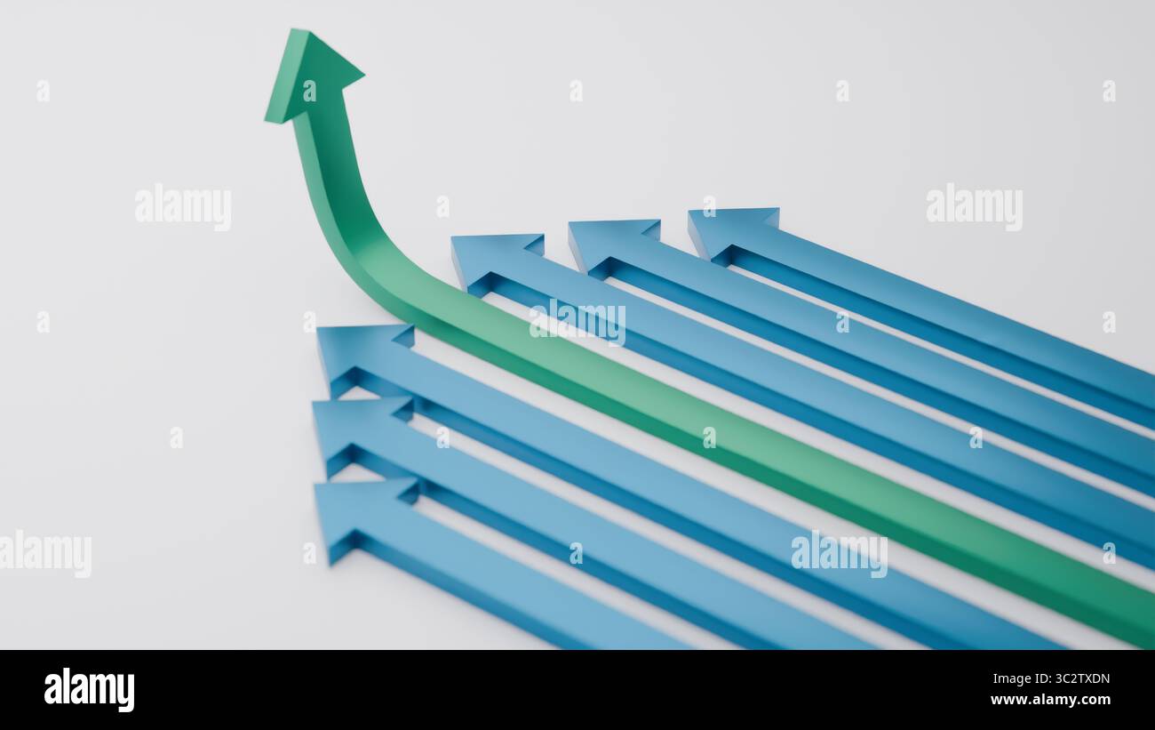 Rendering 3D di una straordinaria freccia verde che scorre verso l'alto e avanti attraverso una fila di frecce blu dritte. Simboleggia leadership, innovazione, successo, diretto Foto Stock