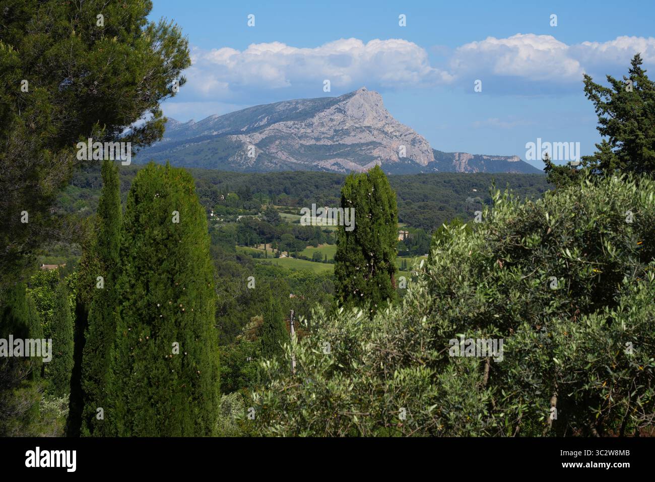 Vista della Montagne Sainte-Victoire, una montagna di roccia calcarea dipinta da Paul Cezanne ad Aix-en-Provence nel sud della Francia. Foto Stock