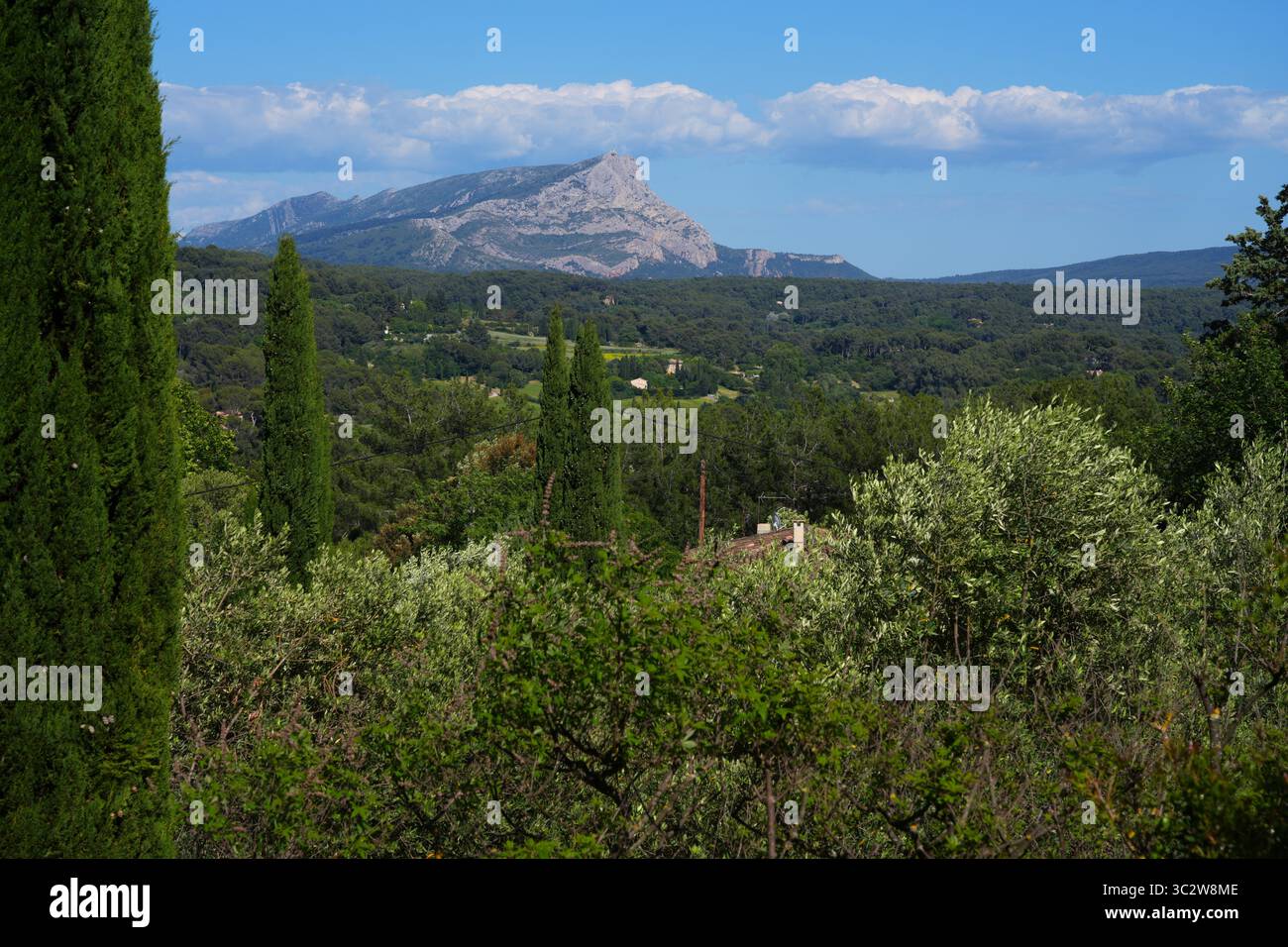 Vista della Montagne Sainte-Victoire, una montagna di roccia calcarea dipinta da Paul Cezanne ad Aix-en-Provence nel sud della Francia. Foto Stock