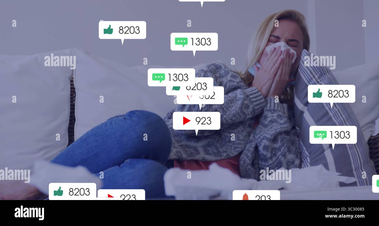 Donna starnuto in maglione e jeans su divano bianco, che tiene il tessuto con bolle di reazione Foto Stock