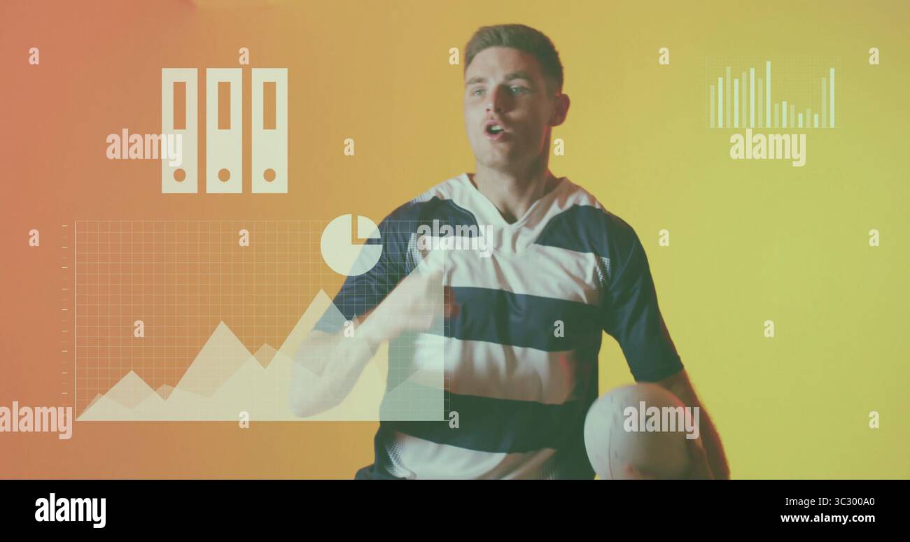 Presentazione dei dati sportivi con maglia a righe e pallone bianco in studio, con grafica dei dati Foto Stock