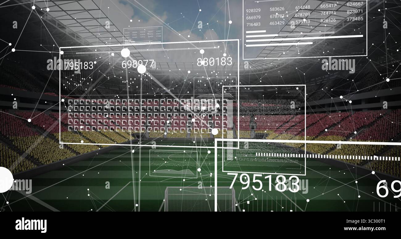 Visualizzazione di dati di realtà aumentata che fluttuano sopra il campo dello stadio di calcio, con pali di porta e grafici Foto Stock