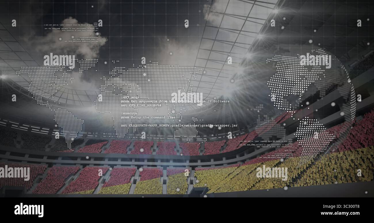 Sovrapposizione della mappa del mondo all'interno dello stadio sportivo con tetto in metallo, che mostra i posti a sedere, la nebbia e il codice Foto Stock
