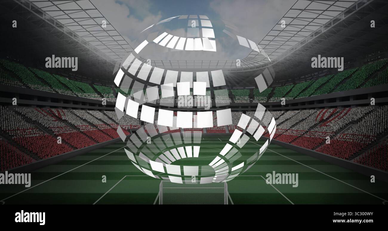 Mosaico fluttuante a pannelli bianchi segmentati che passa sopra il campo verde dello stadio, con rete porta Foto Stock