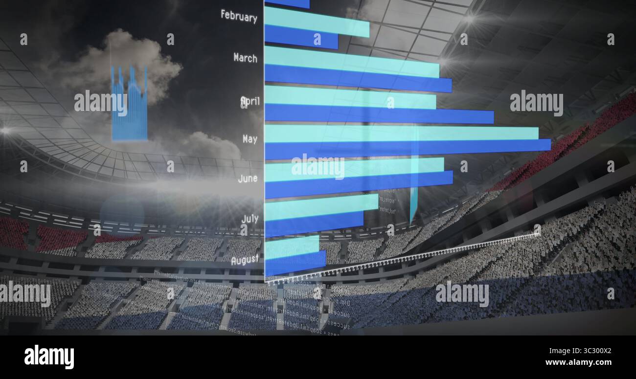 Sovrapposizione trasparente di istogrammi che mostra i dati in un'arena sportiva, con posti a sedere a platea e grafica cloud Foto Stock