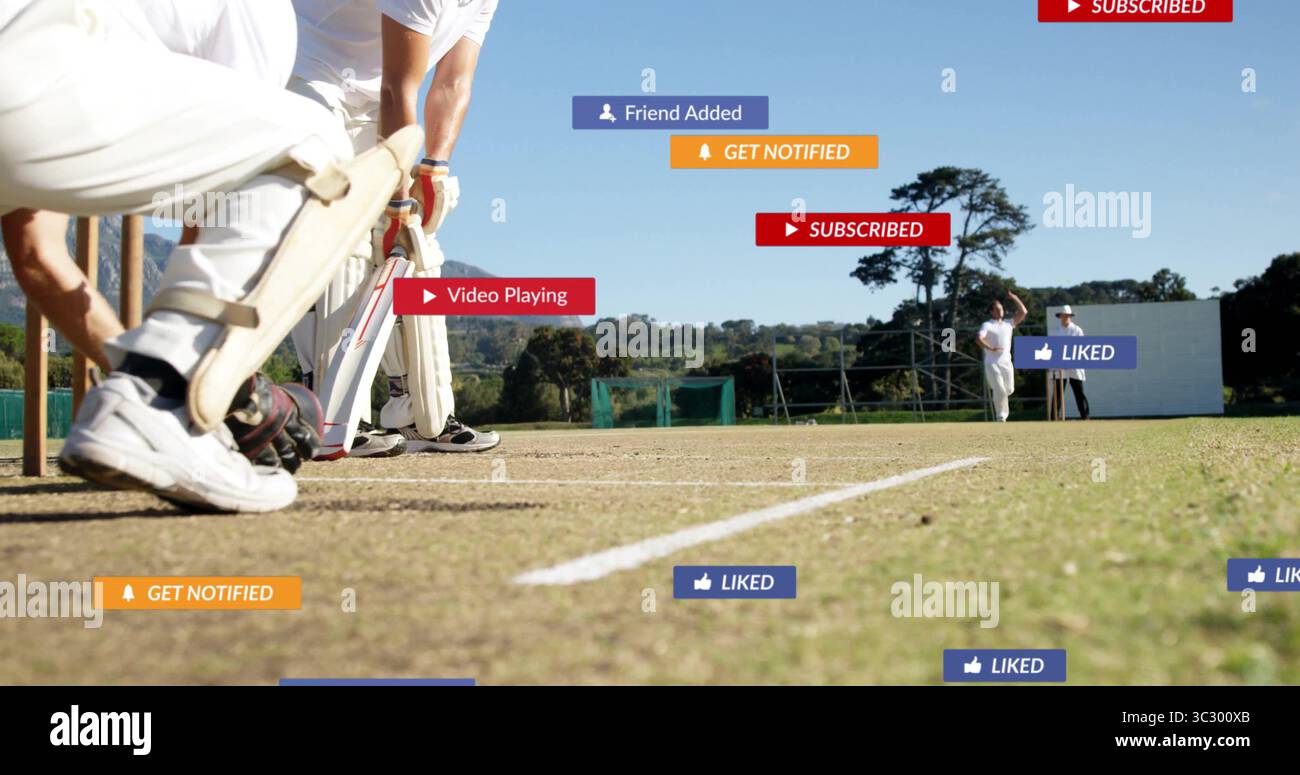 battitore accovacciato che tiene in mano la mazza in attesa di colpire la palla sul campo da prato, con notifiche e spazio copia Foto Stock