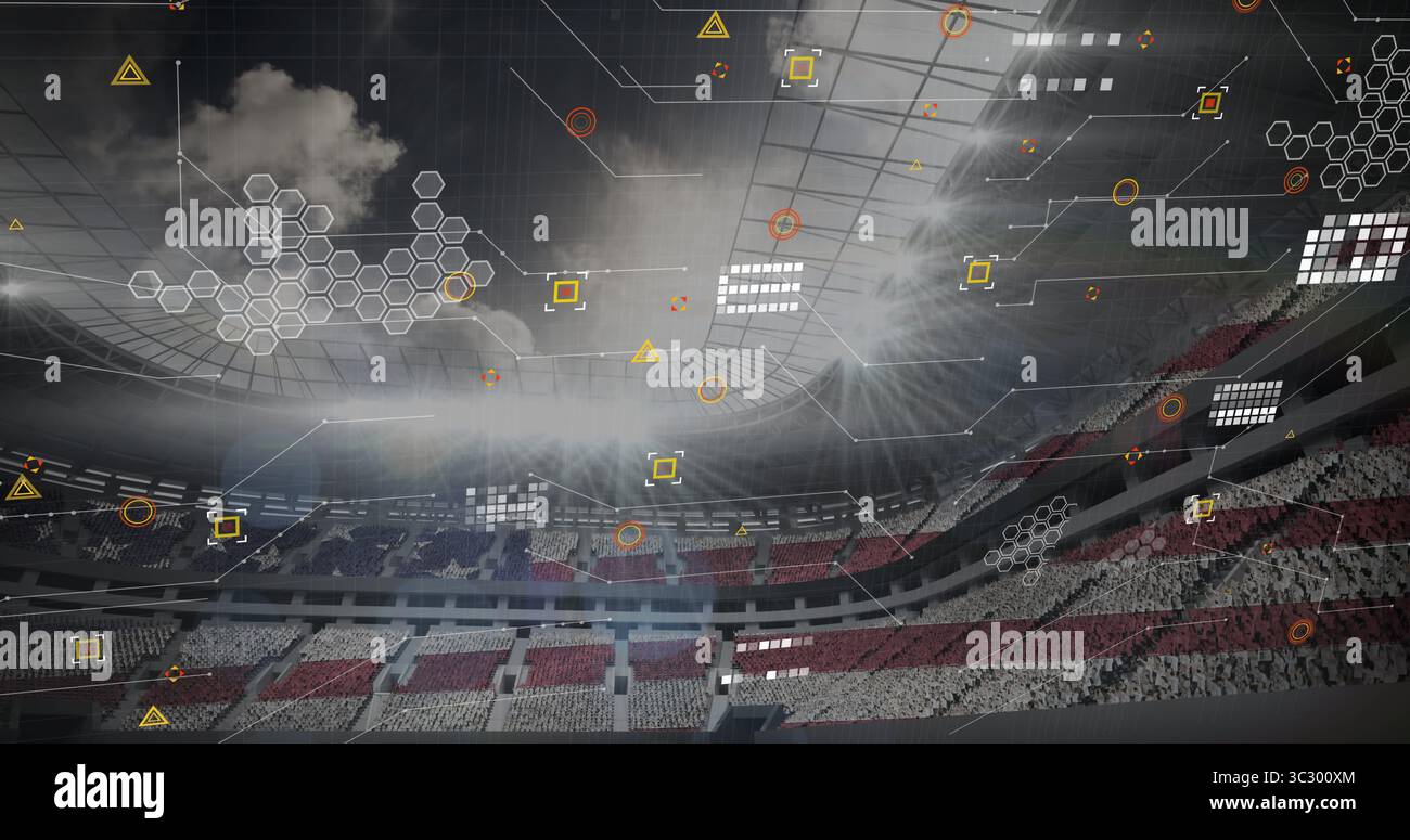 Mostra lo stadio con sovrapposizioni digitali a griglia e nodi dati su livelli di posti a sedere e proiettori Foto Stock