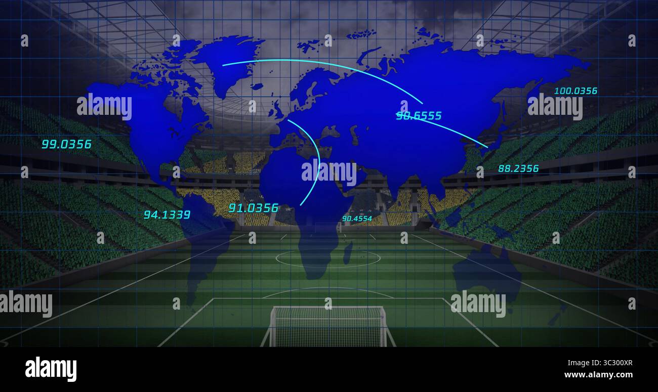 Visualizzazione della sovrapposizione blu della mappa mondiale all'interno dello stadio, con linee dati, etichette numeriche, griglia, pali di porta Foto Stock