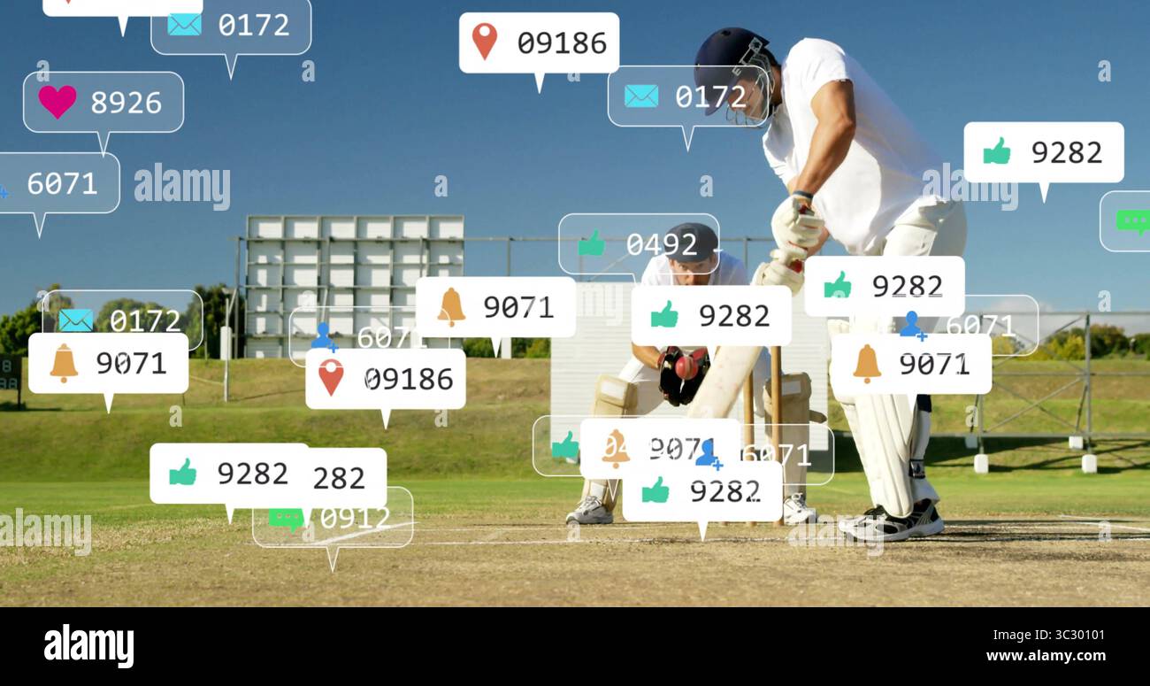Battitore e wicketkeeper che giocano a cricket in erba, con mazza di legno, ceppi e icone digitali Foto Stock