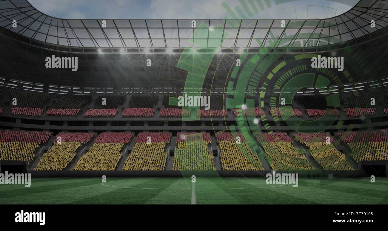 Mostra gli interni dello stadio con campo in erba rivestito e sedili a blocco sotto il tetto in vetro, rivestimento verde HUD Foto Stock