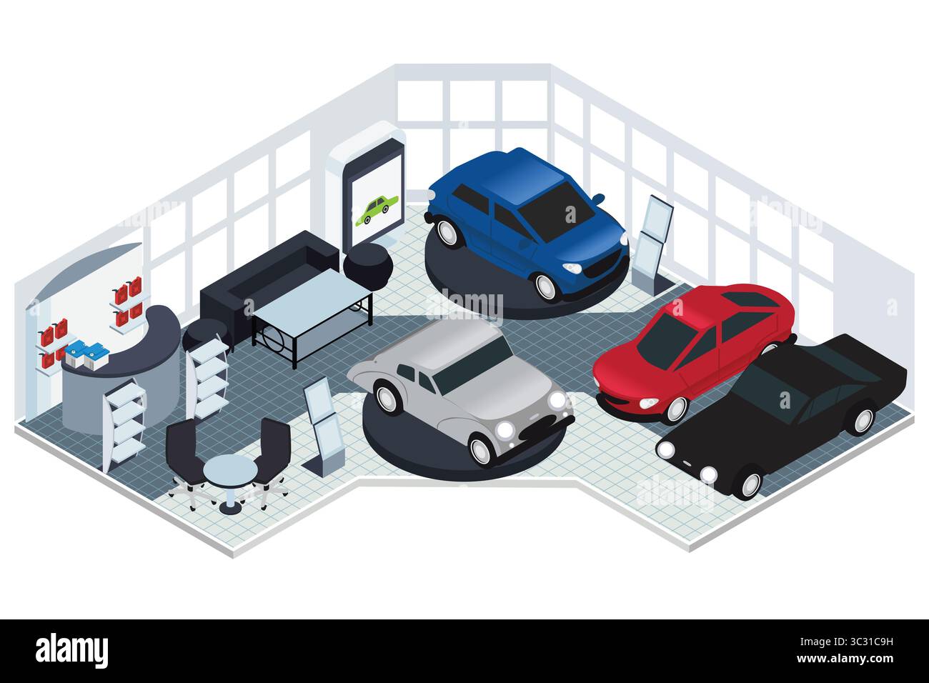 Illustrazione vettoriale dell'interno dello showroom Isometric Car con i veicoli e l'area di ricezione Illustrazione Vettoriale