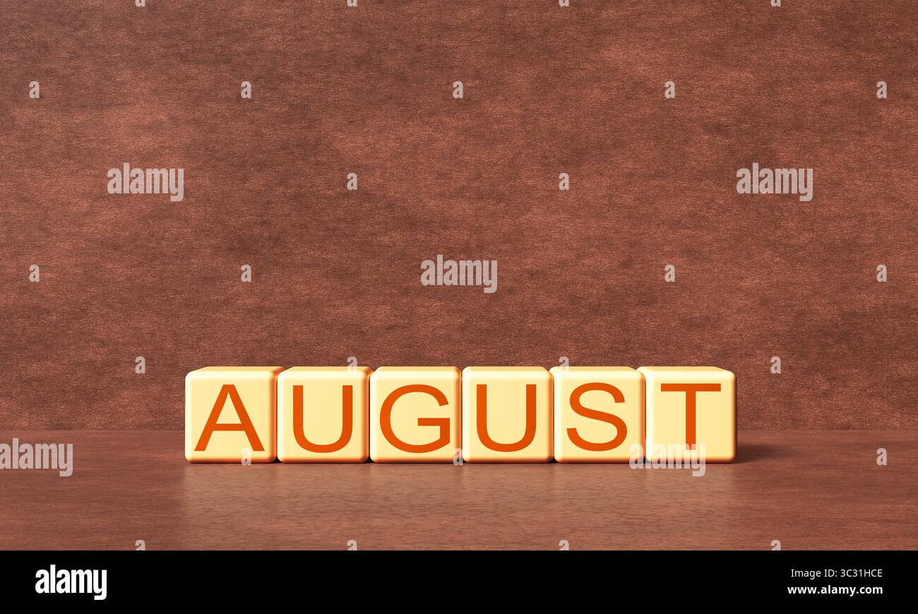 Mese di agosto blocco cubo quadrato di legno scadenza 1 ° giorno primo giorno mese di agosto sfondo di quercia di legno tariffa tassa sulla carta da parati tailandia stati uniti a Foto Stock