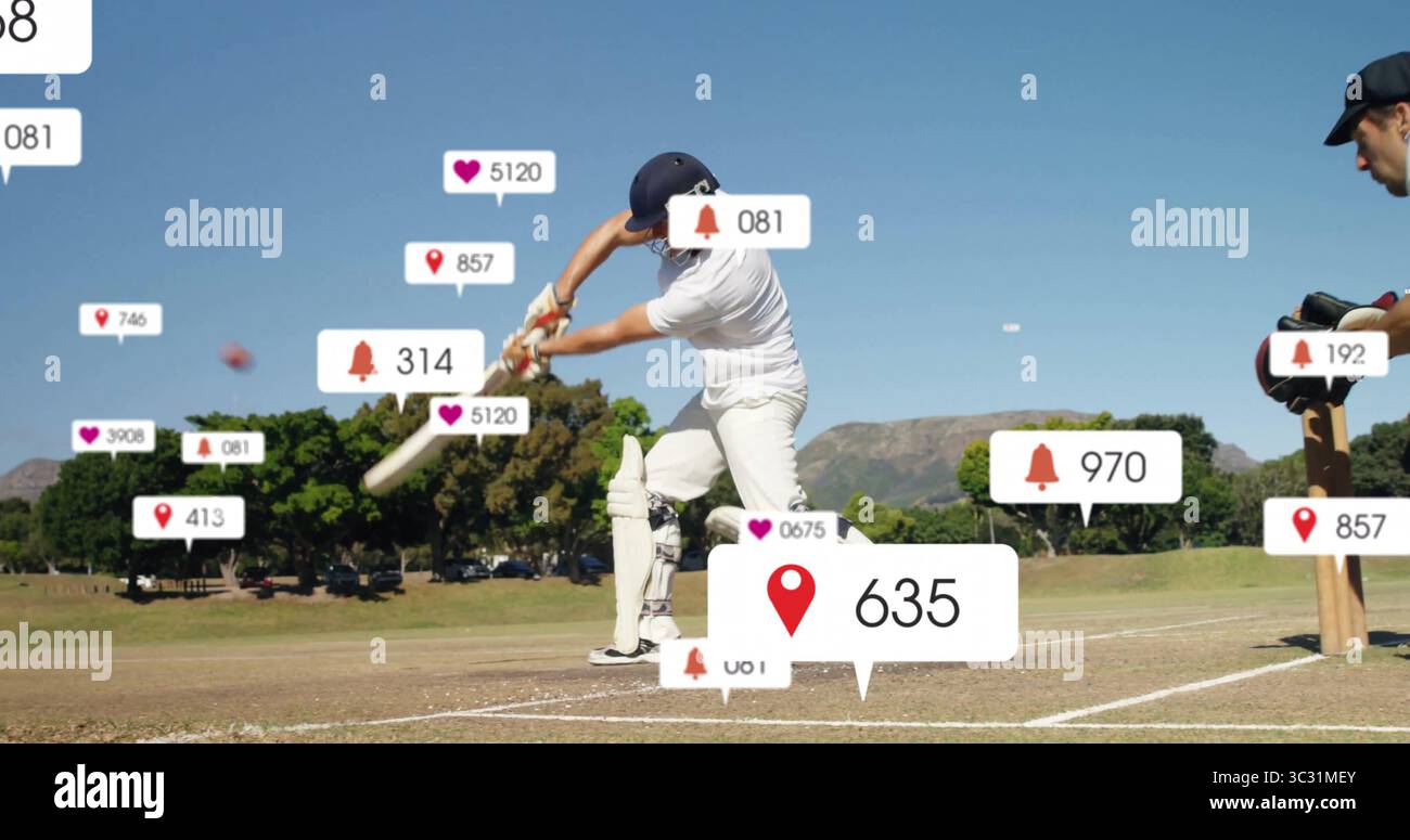Battitore di cricket che indossa la mazza oscillante del casco sul campo di erba con la palla rossa, icone fluttuanti Foto Stock