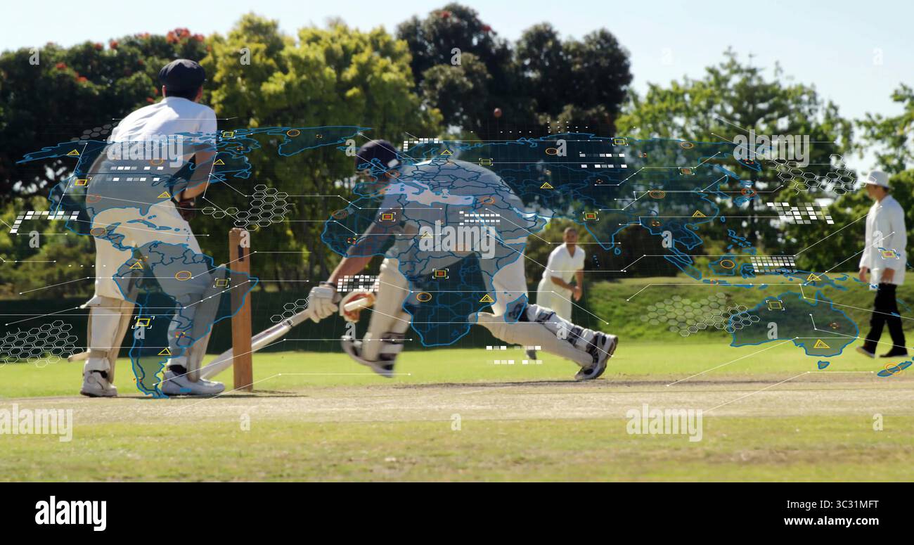 lanciatore subacqueo che scivola in una piega sul campo da cricket, con ceppi di palla e sovrapposizione digitale della mappa del mondo Foto Stock