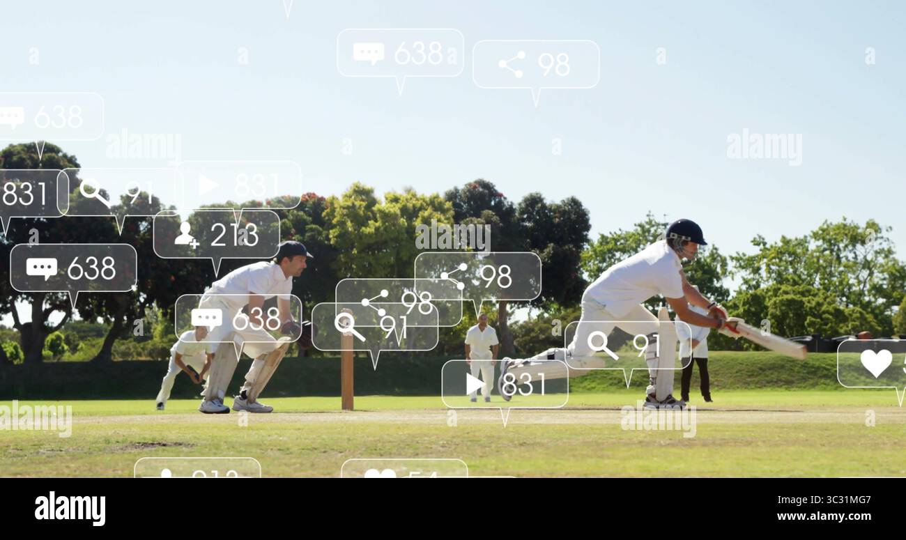 Palla da corsa per battitore destrorso sul campo da cricket, con icone dei social media, spazio copia Foto Stock