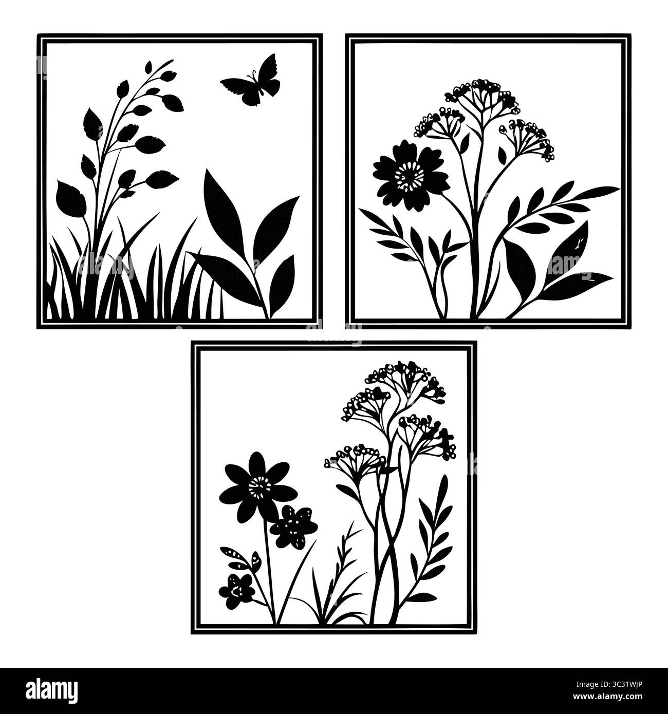 Silhouette nera illustrazioni naturalistiche con fiori e farfalla nelle cornici Illustrazione Vettoriale