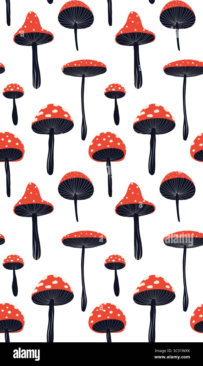 Fantasia fiabesca senza cuciture con acrobazie a mosca in stile cartoni animati su sfondo bianco. Texture magica con funghi amanita per tessuti e carte da parati. Illustrazione Vettoriale