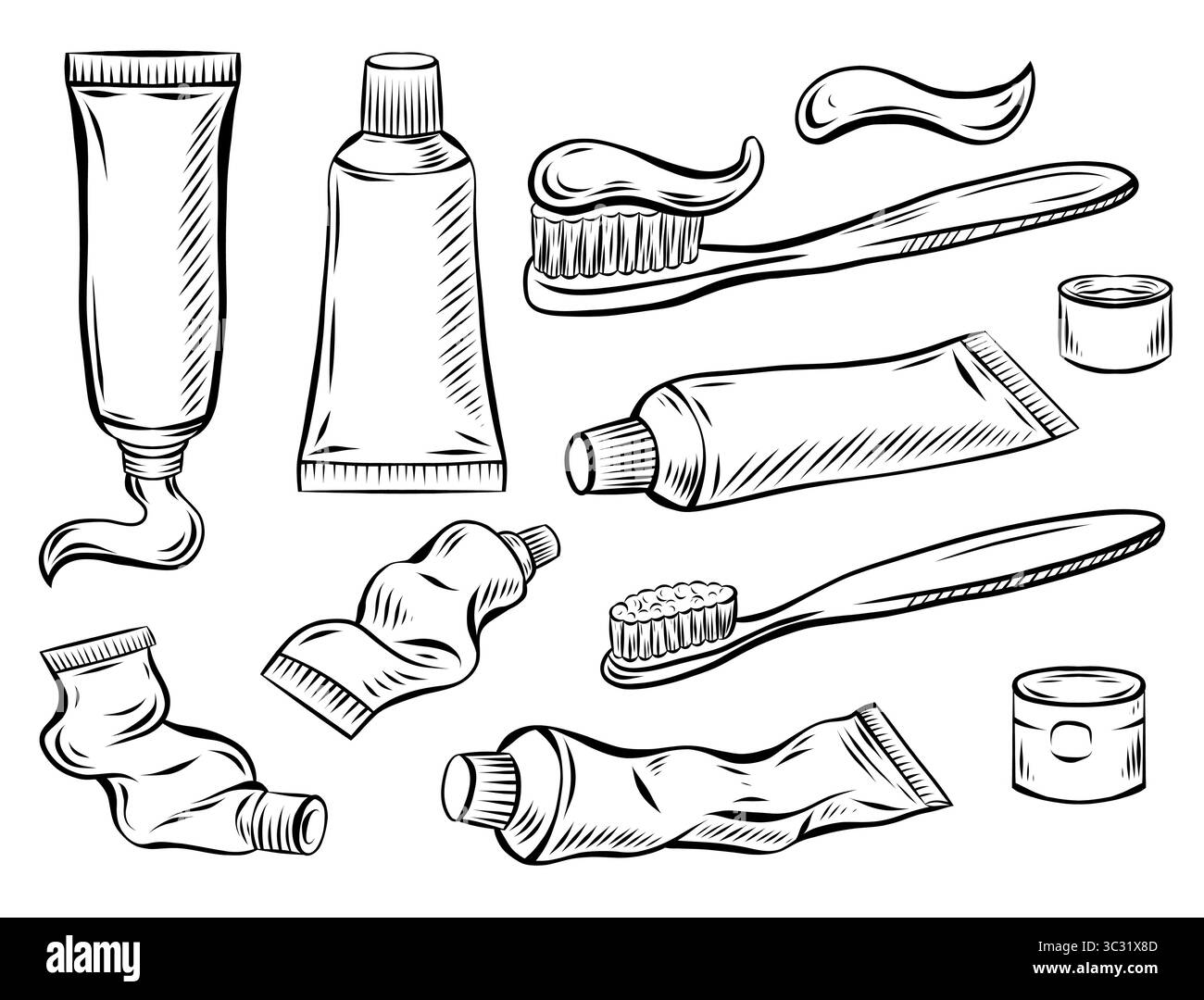Set vettoriale di spazzolino da denti, tubi, dentifricio in polvere e dentifricio con schiusa. Collezione di articoli per l'igiene della bocca da disegno per articoli, striscioni e Illustrazione Vettoriale