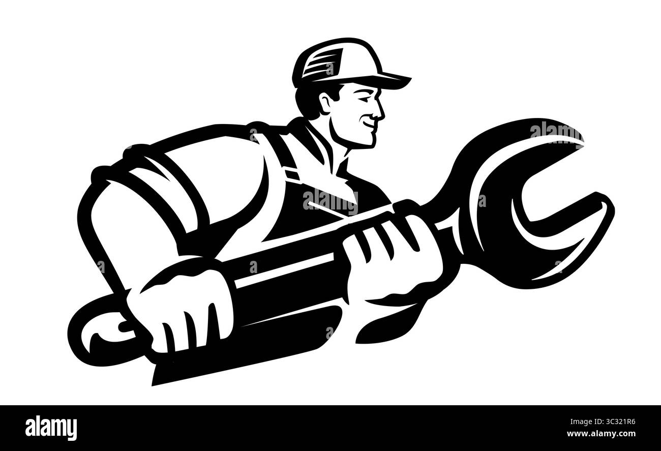 Meccanico con fregio chiave. Tecnico, ingegnere, operaio industriale e utensile di lavoro. Lavori di costruzione, riparazioni Illustrazione Vettoriale