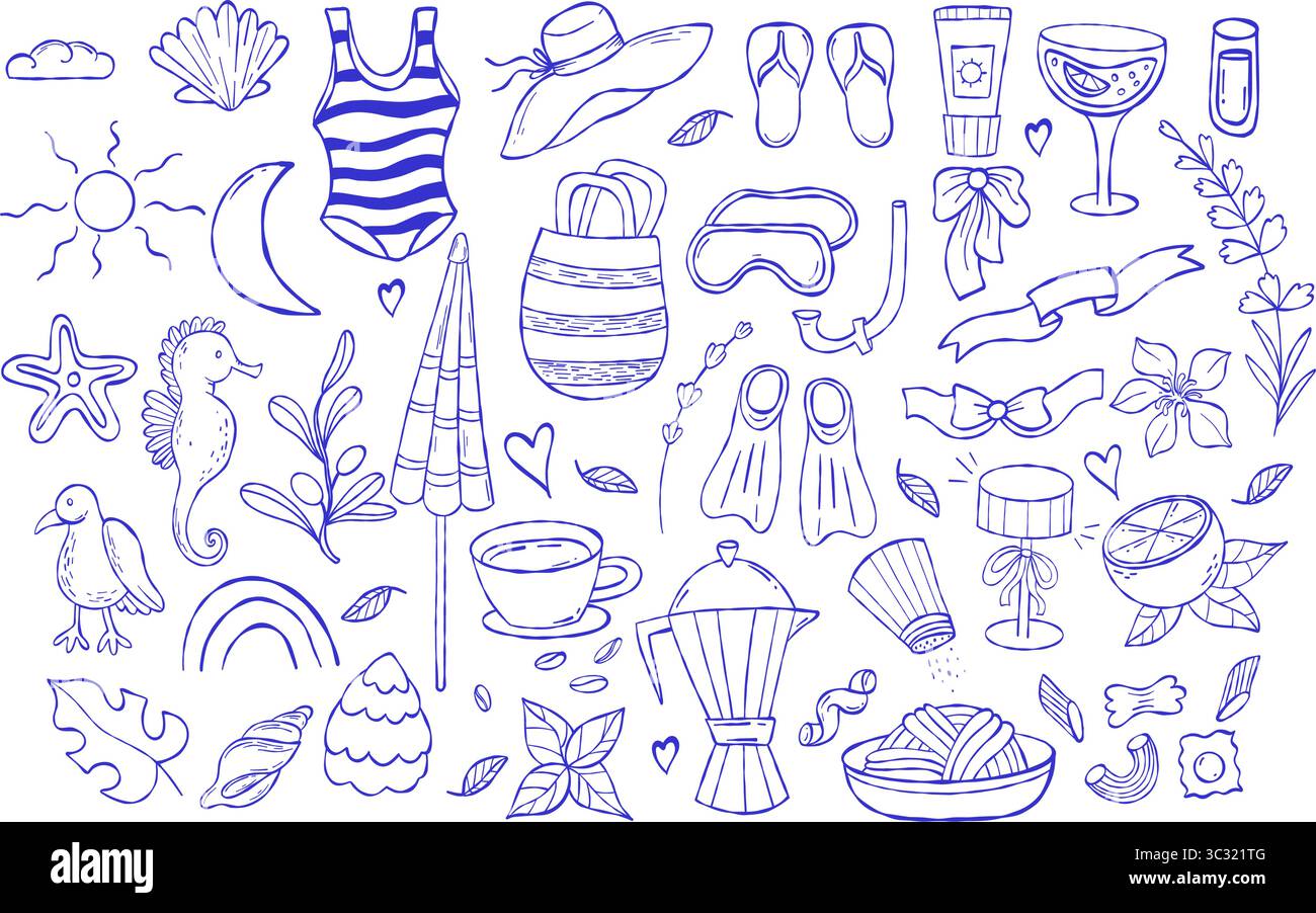 Dolce vita. Estetica mediterranea. Relax estivo in spiaggia e cucina italiana. Abbigliamento da spiaggia, accessori e naut disegnati a mano con profilo isolato Illustrazione Vettoriale