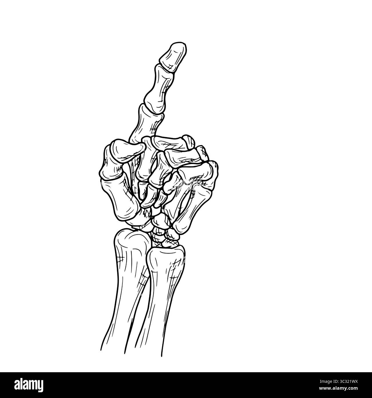 Punta la mano dello scheletro con un dito osseo, schizzo sagomato in bianco e nero. Illustrazione vettoriale. Mano di un uomo morto, isolata su sfondo bianco. Per Illustrazione Vettoriale