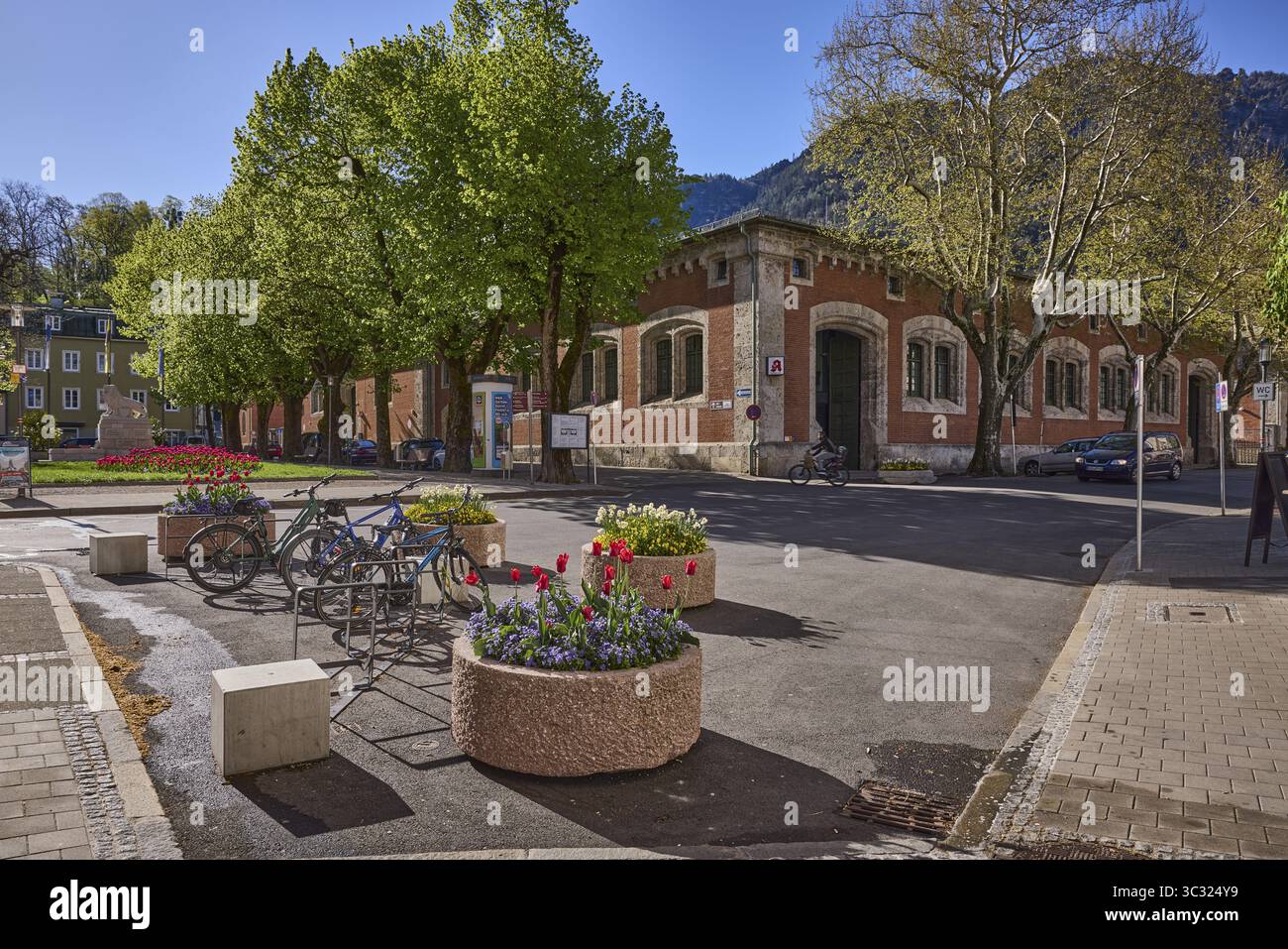 Edifici storici, stand per biciclette, biciclette, vasi di fiori, alberi, retroilluminazione, cielo blu, senza nuvole, Ludwigstrasse, Unterer Lindenplatz, Aegidiplatz, cattivo R Foto Stock