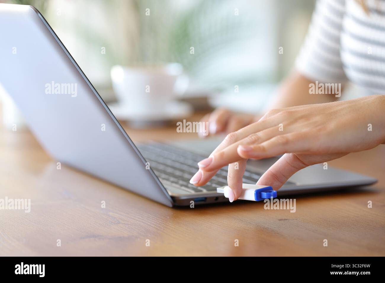 Primo piano di una donna che collega l'unità penna al notebook Foto Stock