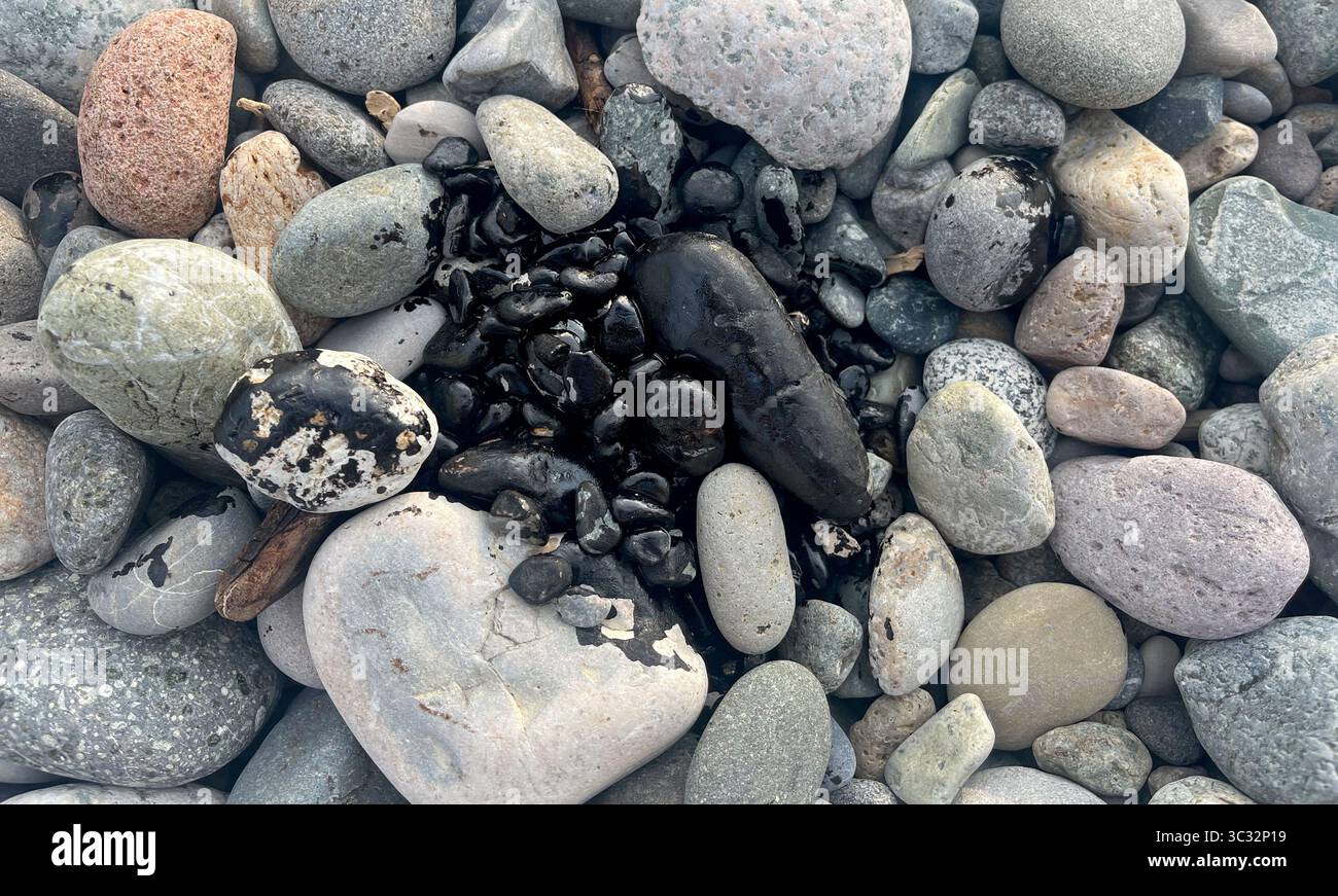 Inquinamento da petrolio sulla spiaggia di ciottoli di roccia da vicino Foto Stock