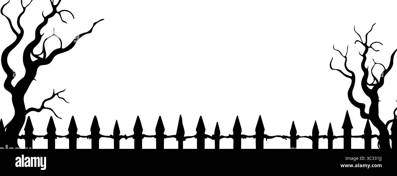 Modello per striscioni di Halloween con sagome di un albero spaventoso storto e un vecchio recinto del cimitero, su sfondo bianco, spazio per l'inserimento. Illustrazione vettoriale Illustrazione Vettoriale