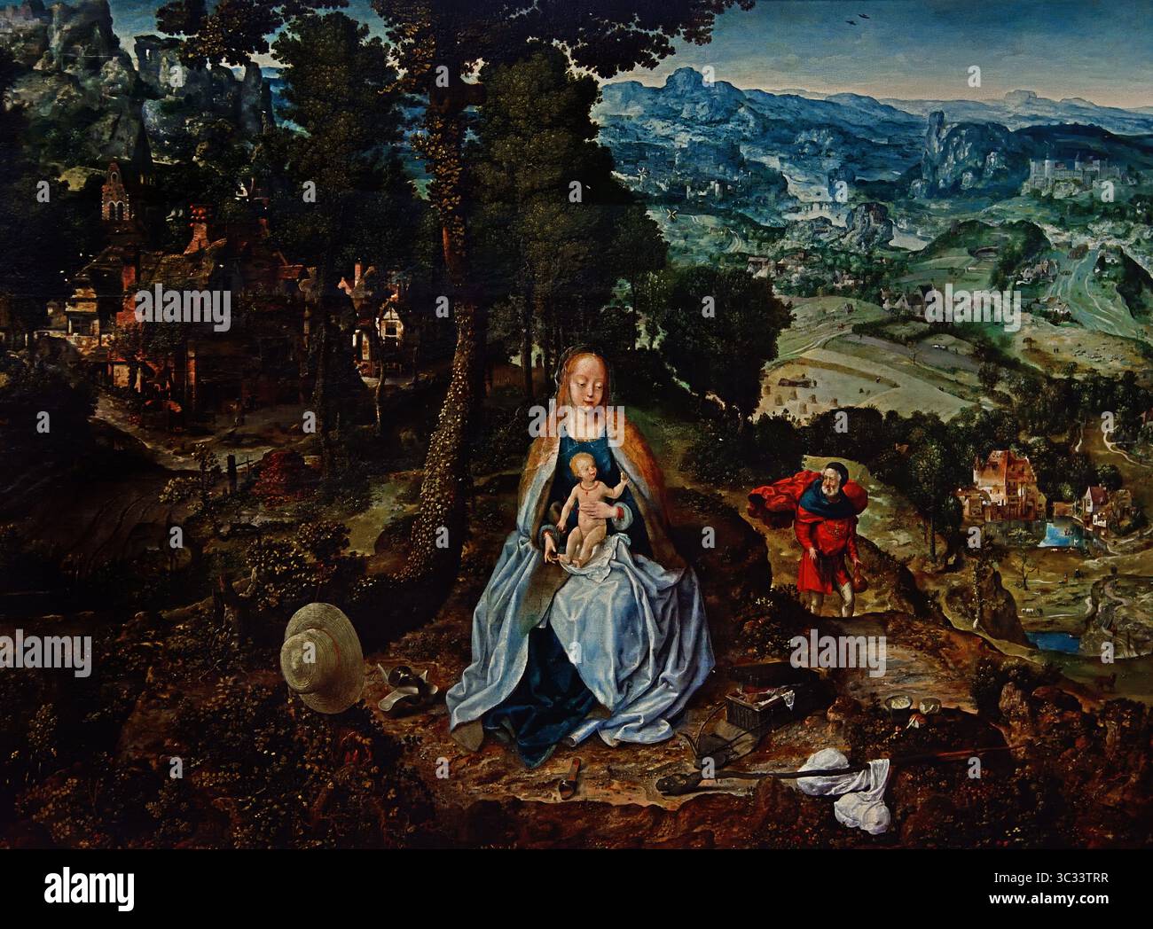 Paesaggio con riposo durante la fuga in Egitto anonimo intorno al 156016° secolo da Groeningemuseum, museo municipale, Bruges, Belgio, fiammingo, ( fuga in Egitto, San Giuseppe, Vergine Maria , Gesù bambino fuggito in Egitto, per salvare quest'ultimo dall'essere, ucciso, dal re Erode il grande, ) Foto Stock