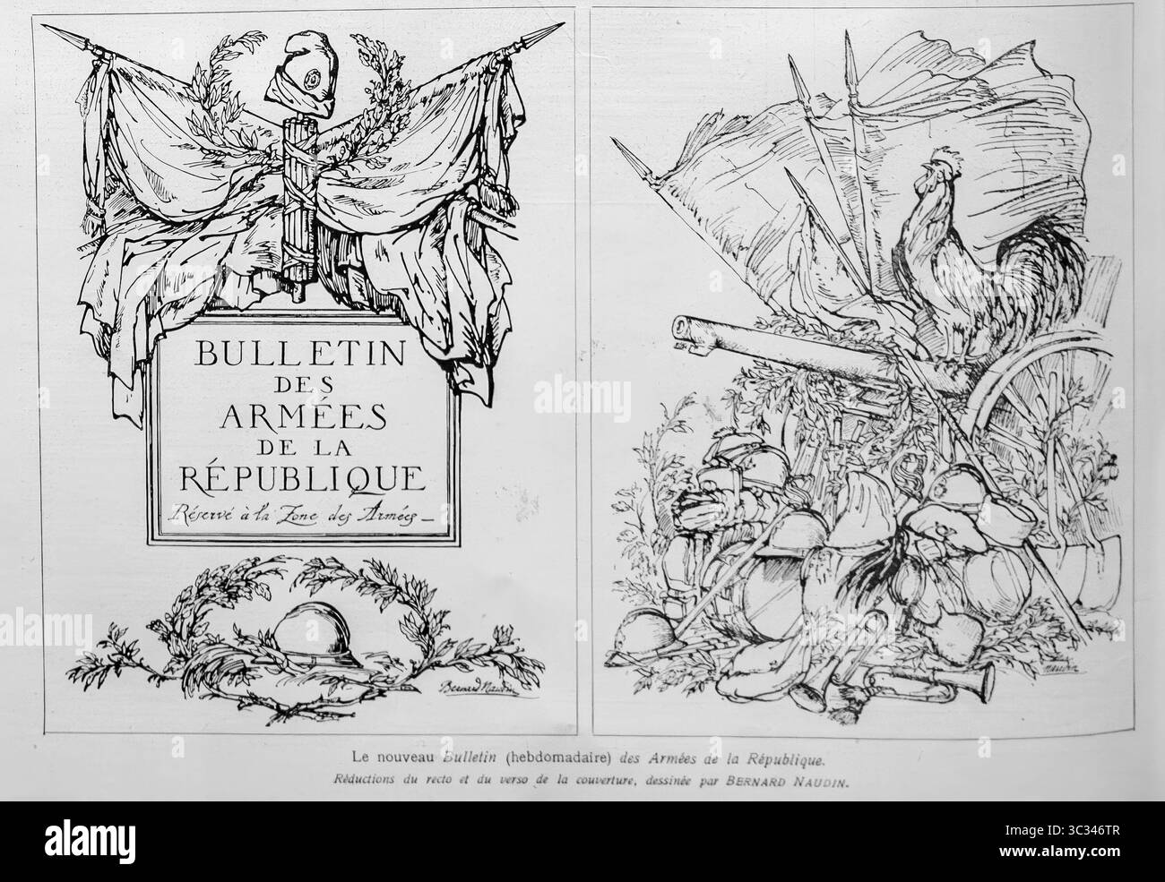 Illustrazioni della prima e della quarta di copertina del Bulletin des Armées de la République, un settimanale di guerra distribuito alle truppe francesi. Progettata da Bernard Naudin, l'opera d'arte include emblemi repubblicani come ghirlande di alloro, bandiere, un cannone, il gallo gallico e l'equipaggiamento dei soldati. Pubblicato nel 1916, questa immagine altamente simbolica promosse l'unità, il patriottismo e il morale tra le truppe al fronte. Riprodotto in l'Illustration durante la prima guerra mondiale Foto Stock