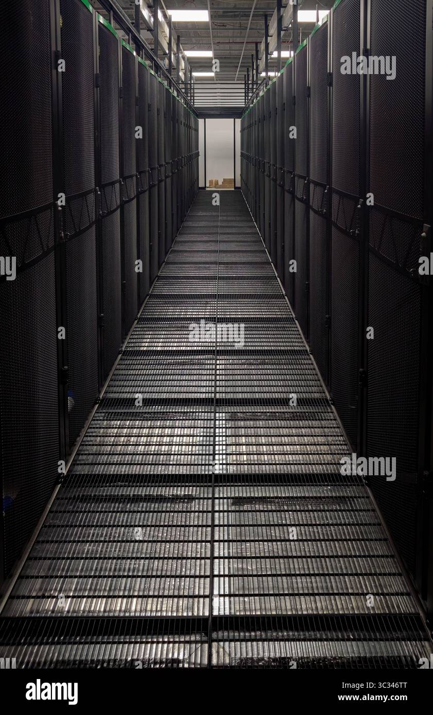 Corridoio scuro della sala server con pavimento in griglia metallica e armadietti per server, che mettono in risalto l'infrastruttura del data center Foto Stock