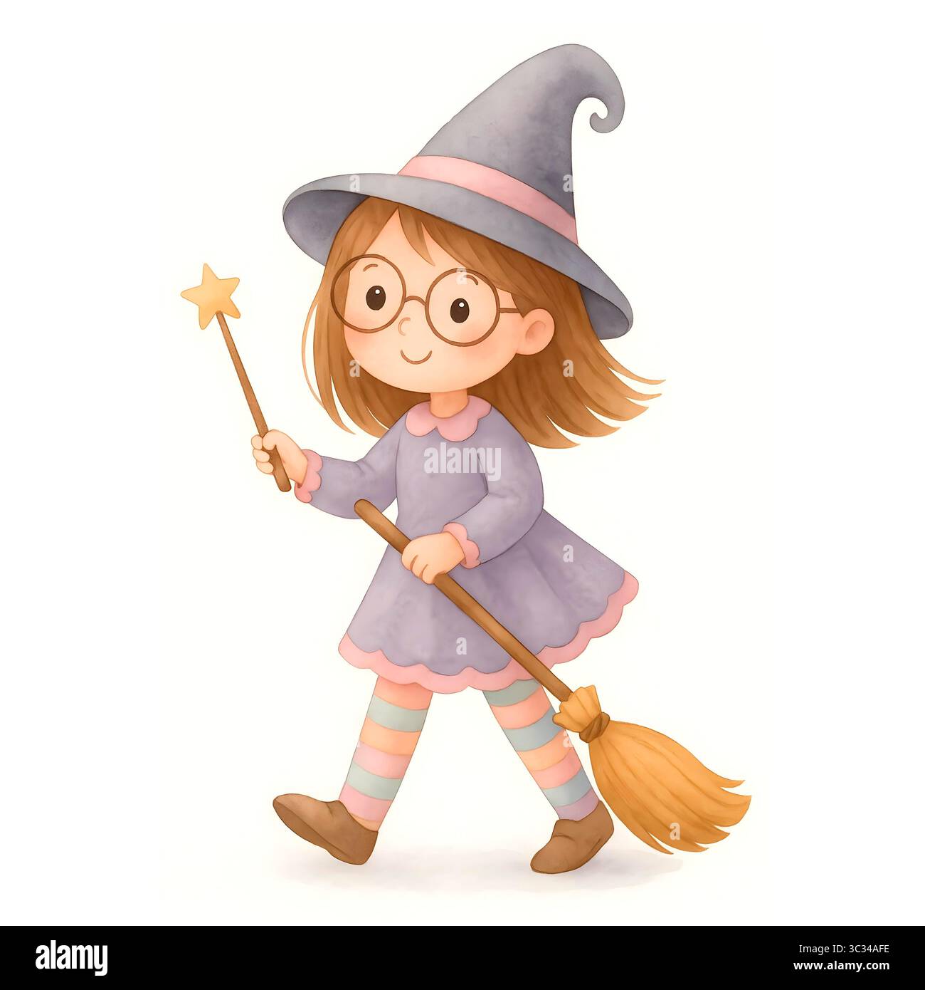 Clip di Halloween dipinta a mano: Simpatici fantasmi, oggetti di scena e spettrali in stile acquerello Foto Stock