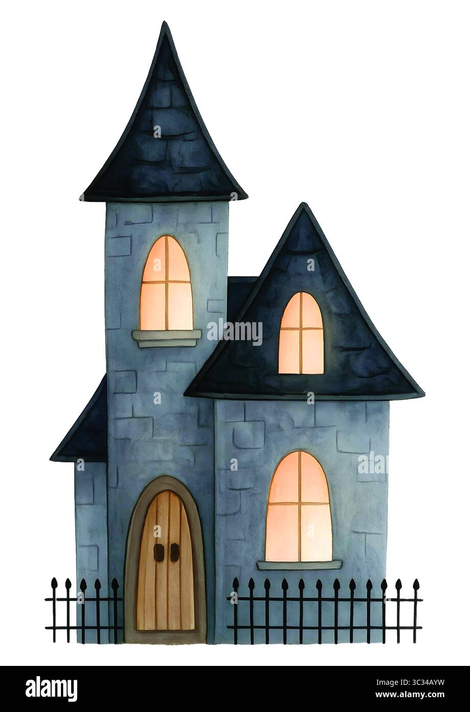 Clip di Halloween dipinta a mano: Simpatici fantasmi, oggetti di scena e spettrali in stile acquerello Foto Stock