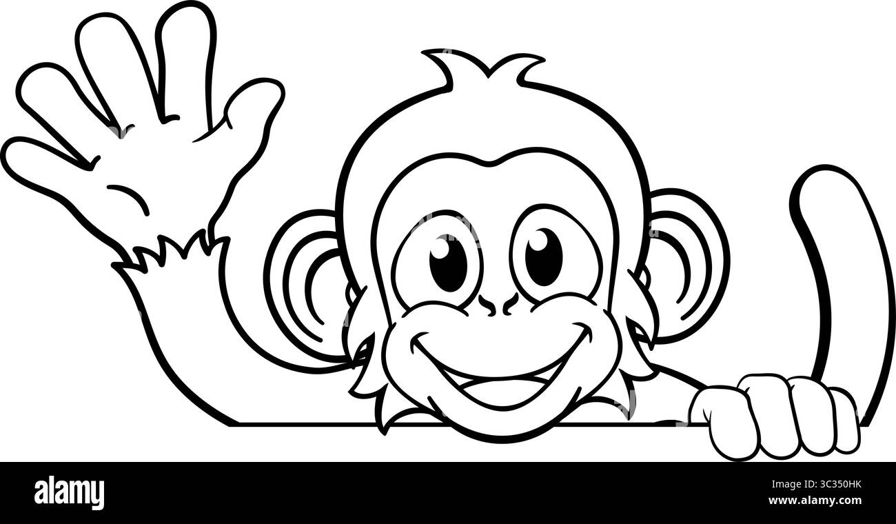 Monkey Cartoon animale segno dietro sventolando Illustrazione Vettoriale