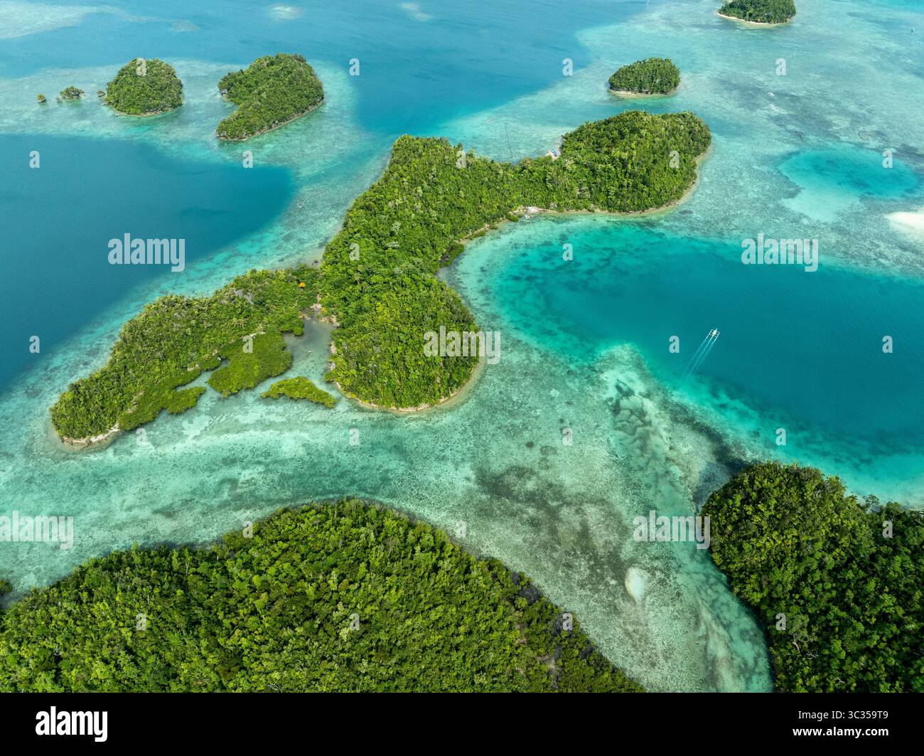 Vista aerea delle lussureggianti isole verdi circondate da acque turchesi, che mostrano le vibranti barriere coralline al largo della costa, Siargao Island, Caraga, Philippine Foto Stock