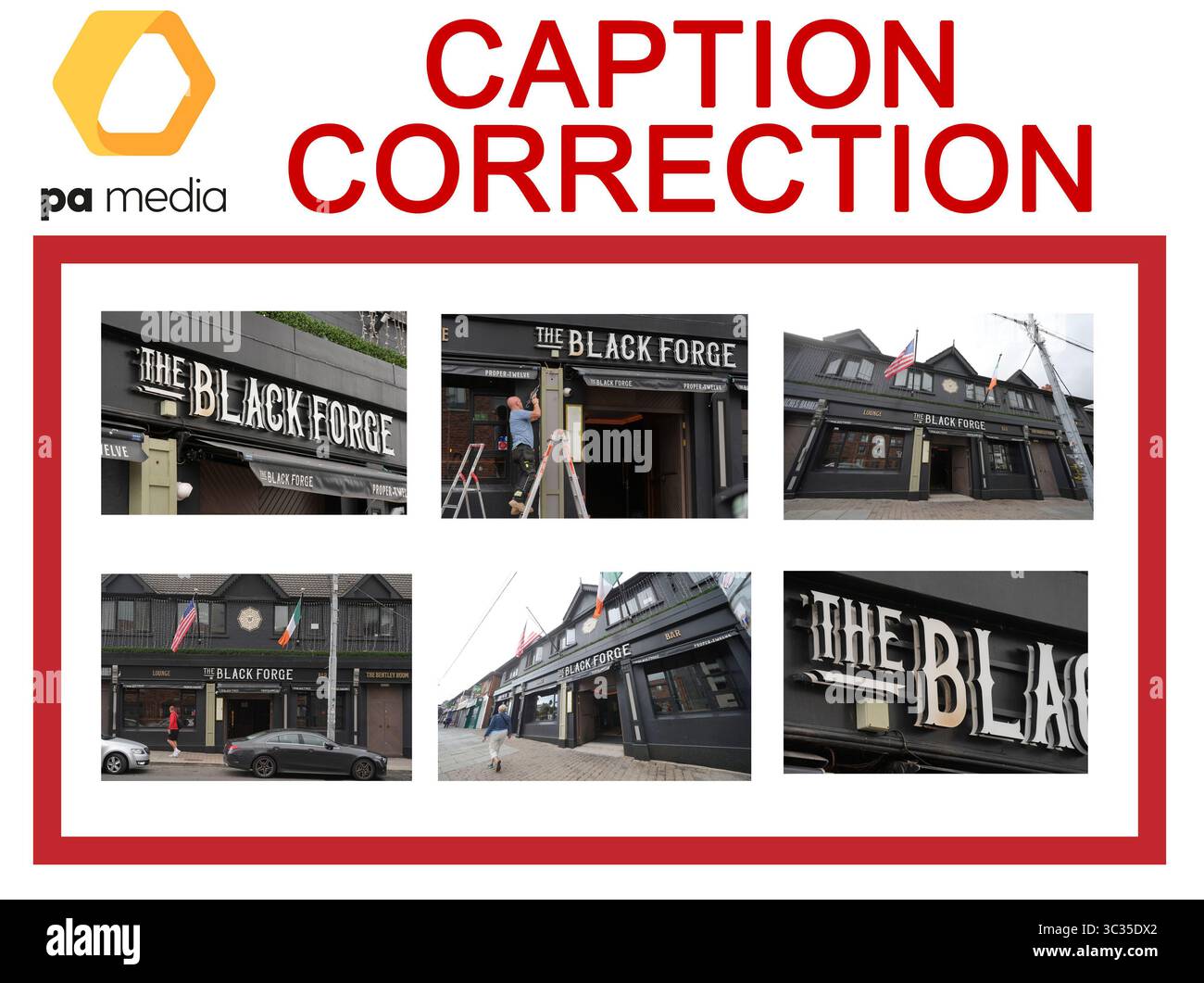 ATTENZIONE: EDITORI DI IMMAGINI, SOMMI E BIBLIOTECARI DI IMMAGINI: La correzione della didascalia per questa serie di immagini trasmesse sul cavo PA ha chiuso IRISH BlackForge correggendo la posizione da Edimburgo a Dublino le immagini saranno ritrasmesse Una vista del pub Black Forge di Dublino, di proprietà di Conor McGregor, a seguito di un piccolo incendio nell'edificio durante la notte. Data foto: Venerdì 25 luglio 2025. Foto Stock