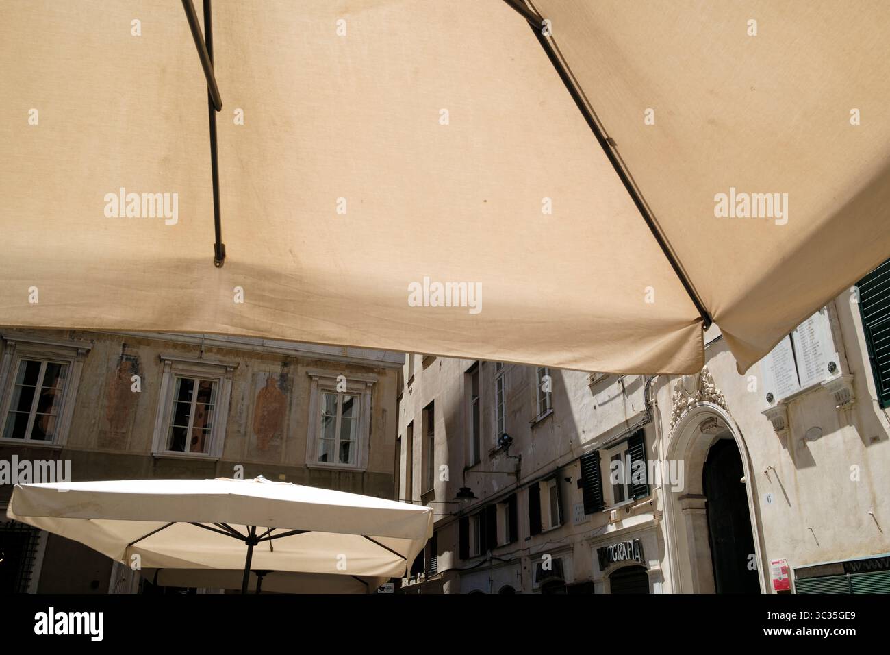 Ombrelloni da bar in Piazza delle Vigne, Genova, Italia Foto Stock