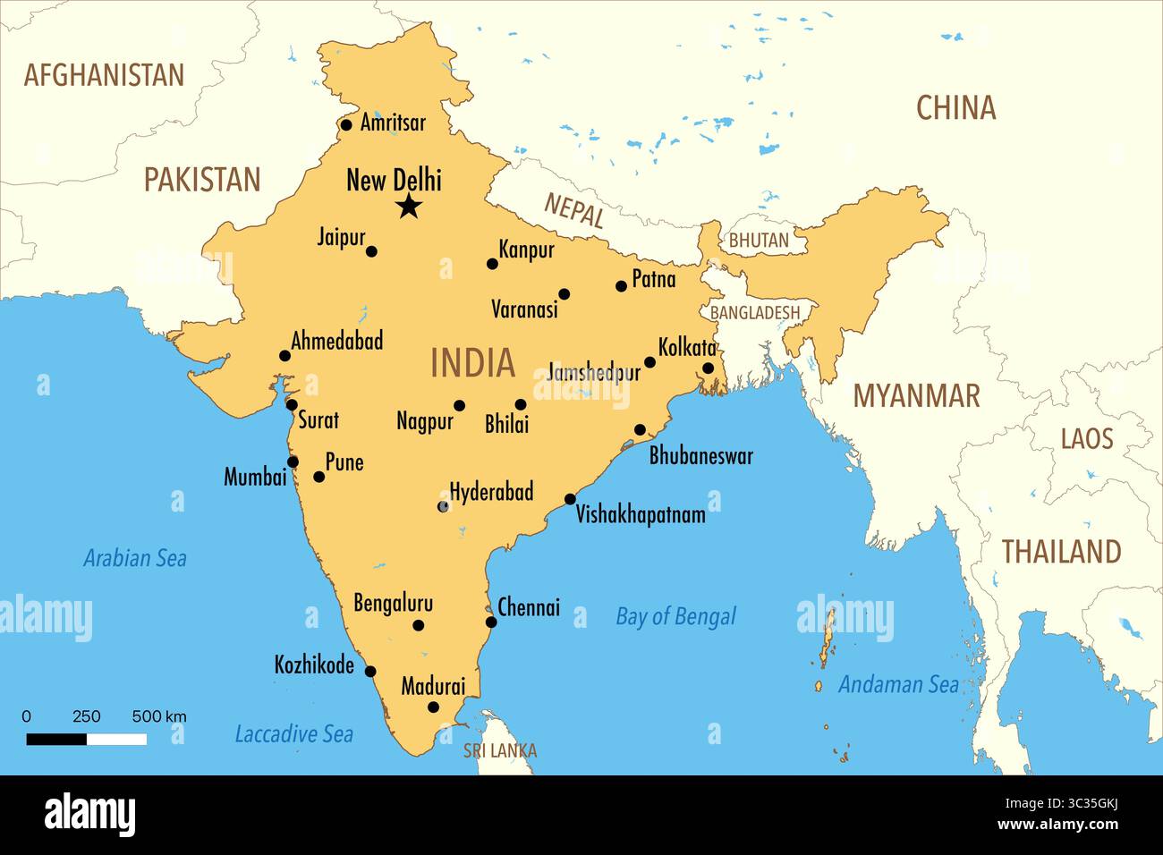 Mappa vettoriale dell'India con le principali città e i paesi vicini Foto Stock