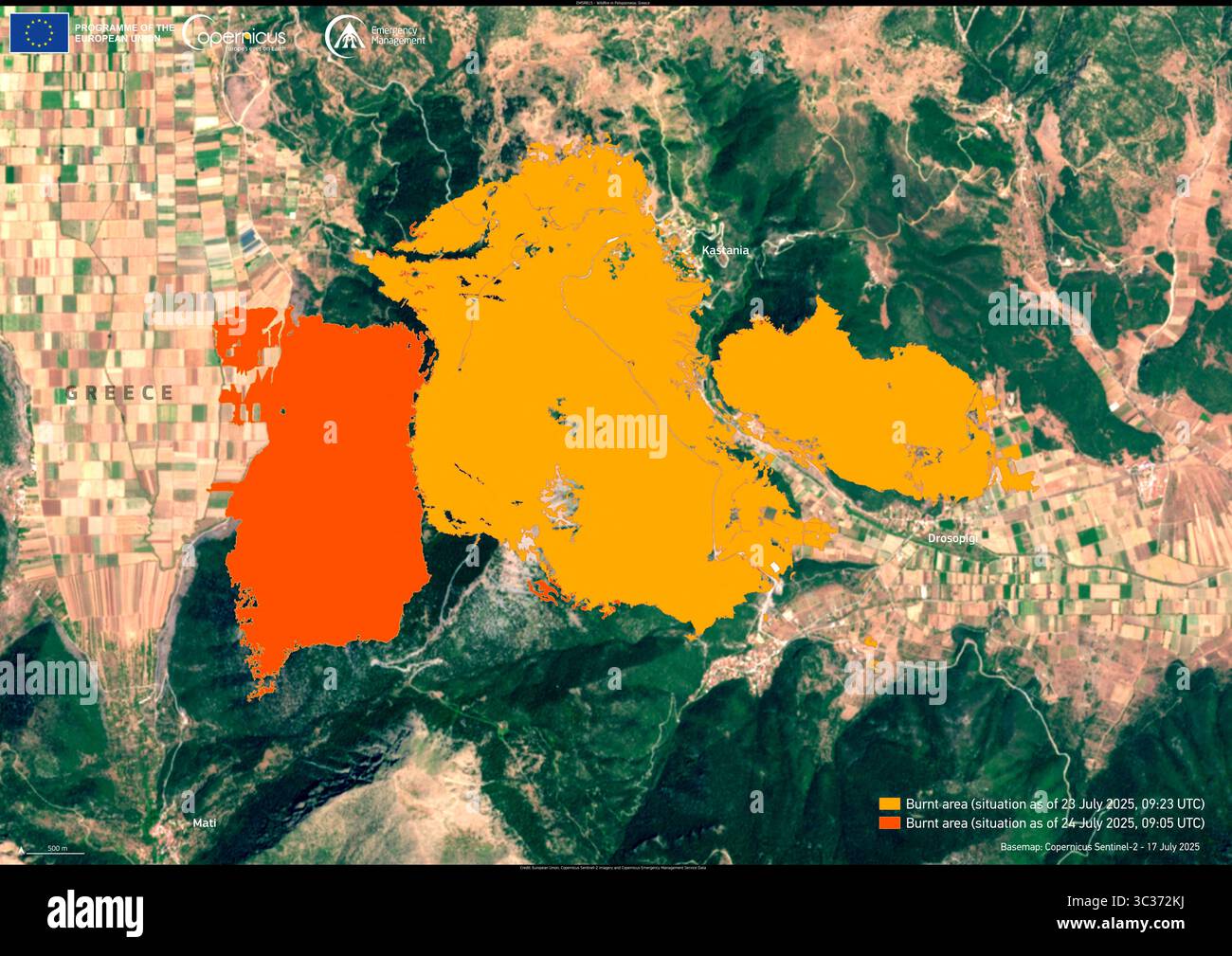 La foto datata 22 luglio 2025 mostra il 22 luglio 2025, un incendio scoppiò nella regione del Peloponneso settentrionale della Grecia, devastando una parte significativa del paesaggio. Oltre 340 vigili del fuoco, supportati da unità aeree e terrestri, lavorarono per combattere le fiamme. Lo stesso giorno dello scoppio dell'incendio, la direzione greca per la pianificazione e la gestione dei disastri - Segretariato generale per la protezione civile - Ministero dei cambiamenti climatici e della protezione civile ha attivato il servizio di gestione delle emergenze Copernicus (CEMS) per fornire la mappatura delle emergenze (EMSR815). Questa visualizzazione dei dati, basata sui dati CEMS, mostra Foto Stock