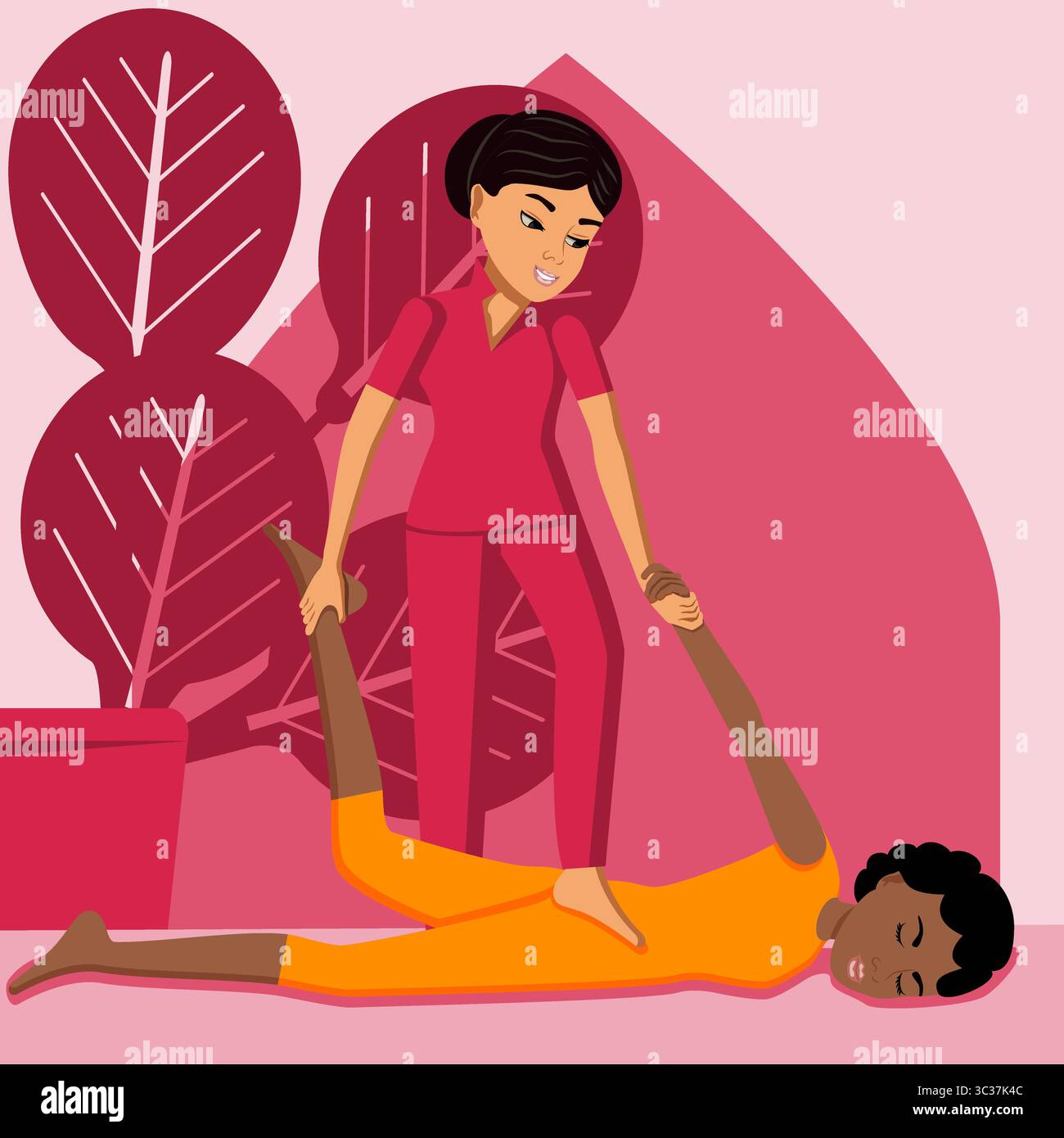 Massaggio Shiatsu. Terapia e trattamento da parte di terapisti professionisti nella SPA. Illustrazione del vettore piatto isolato. Etnia orientale e africana. Illustrazione Vettoriale