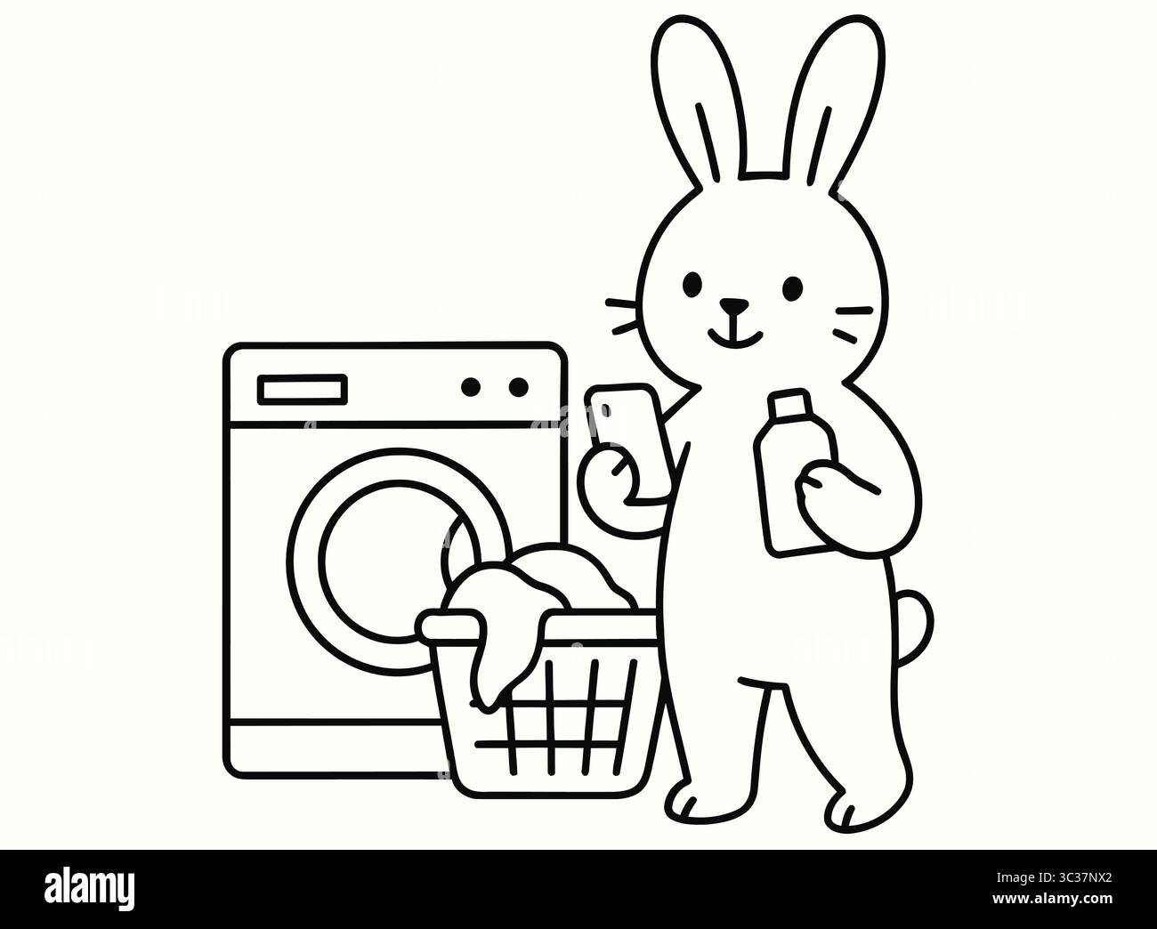 Simpatico coniglietto che fa il bucato con il telefono illustrazione minimalista Line Art Illustrazione Vettoriale