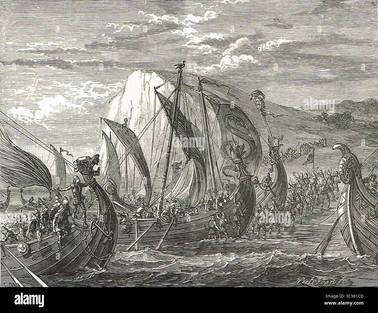 Il primo sbarco documentato dei Vichinghi danesi in Inghilterra, nel 787 Foto Stock