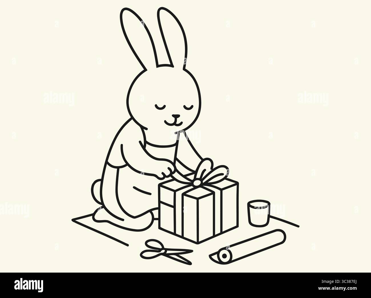 Confezione regalo con nastro e forbici per coniglietto artistico cute Line Illustrazione Vettoriale
