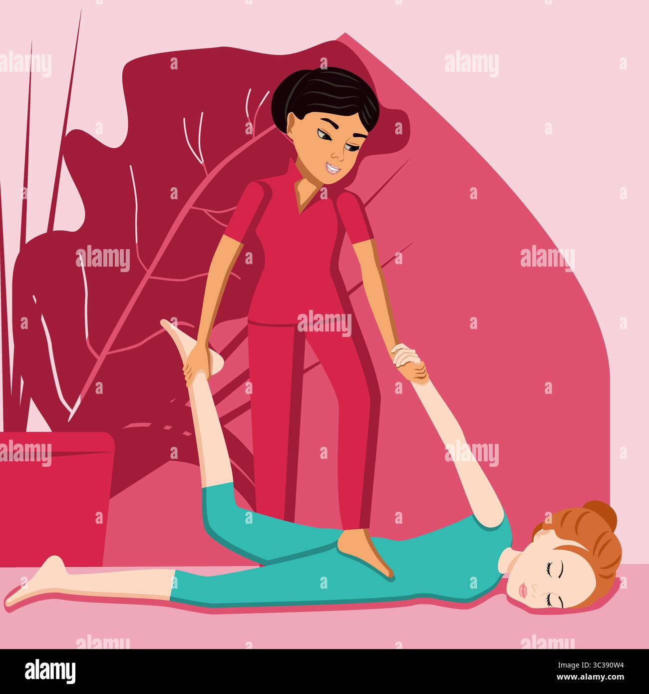 Massaggio Shiatsu. Terapia e trattamento da parte di terapisti professionisti nella SPA. Illustrazione del vettore piatto isolato. Etnia orientale ed europea. Illustrazione Vettoriale