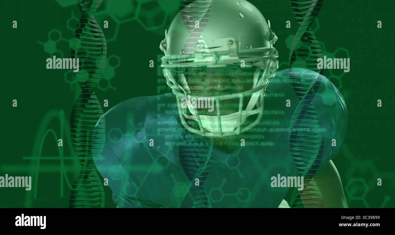 Mostra il giocatore di calcio che indossa casco, spalline in laboratorio virtuale, con sovrapposizioni di codice elica DNA Foto Stock