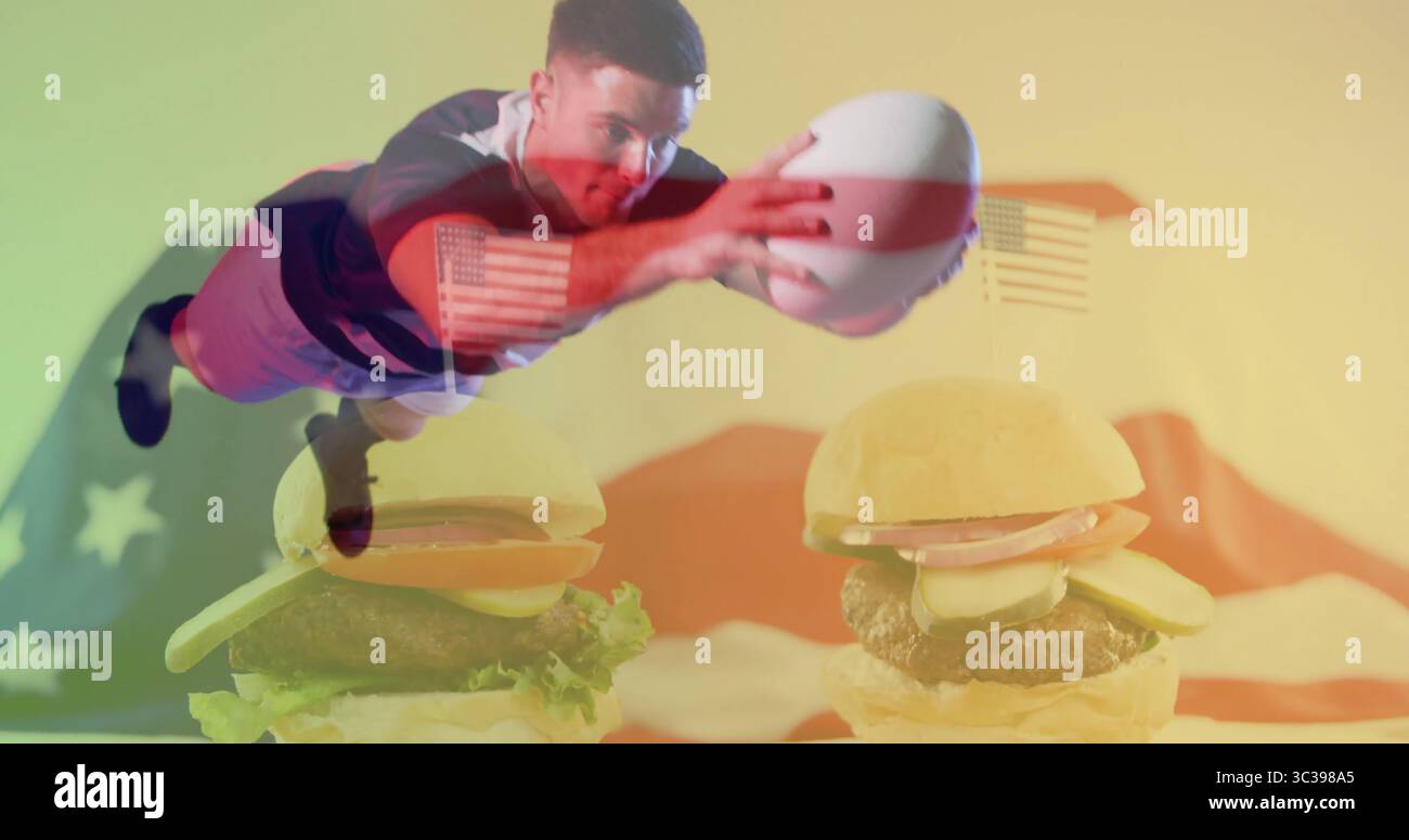 Atleta subacquea che indossa maglia e pantaloncini che saltano in studio, con calcio, hamburger, bandiera degli Stati Uniti Foto Stock