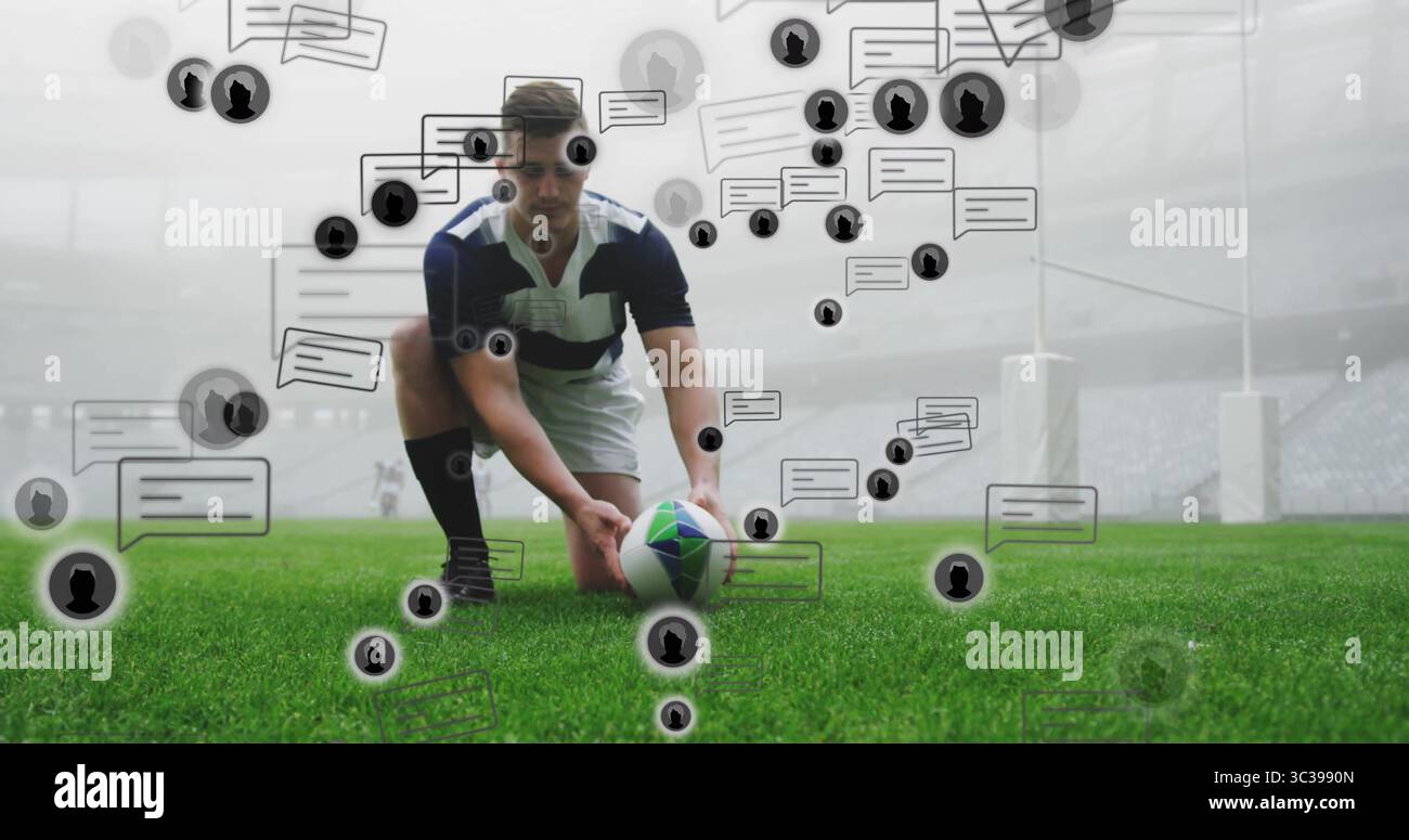 Posizionare il giocatore in una maglia inginocchiata, posizionare una palla da rugby sul tee vicino ai pali dei portieri con bolle di chat Foto Stock