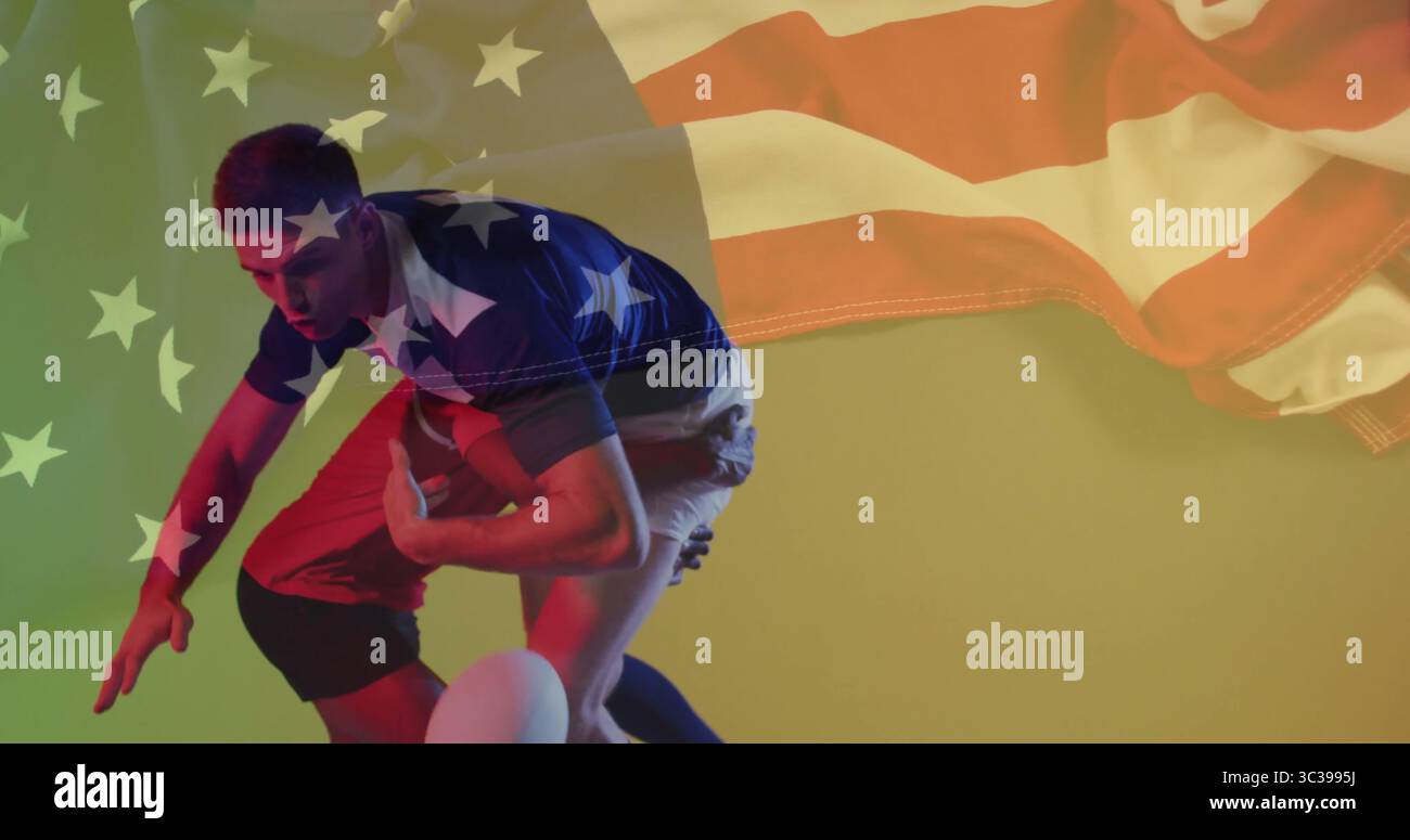 Due atleti maschi che eseguono il tackle in grafica, con calcio e bandiera sovrapposta Foto Stock