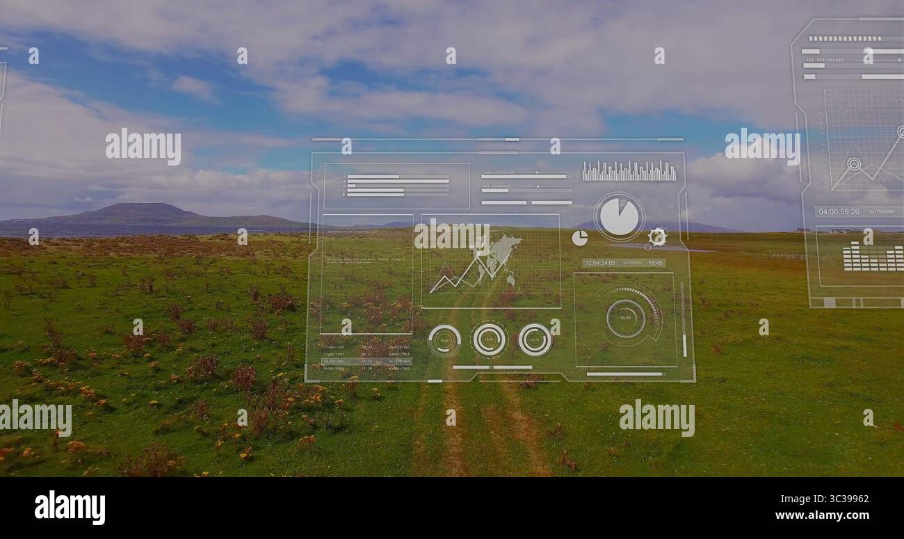 Visualizzazione dei pannelli HUD che fluttuano su prati, con mappa del mondo, grafici, indicatori, icone della barra degli strumenti Foto Stock